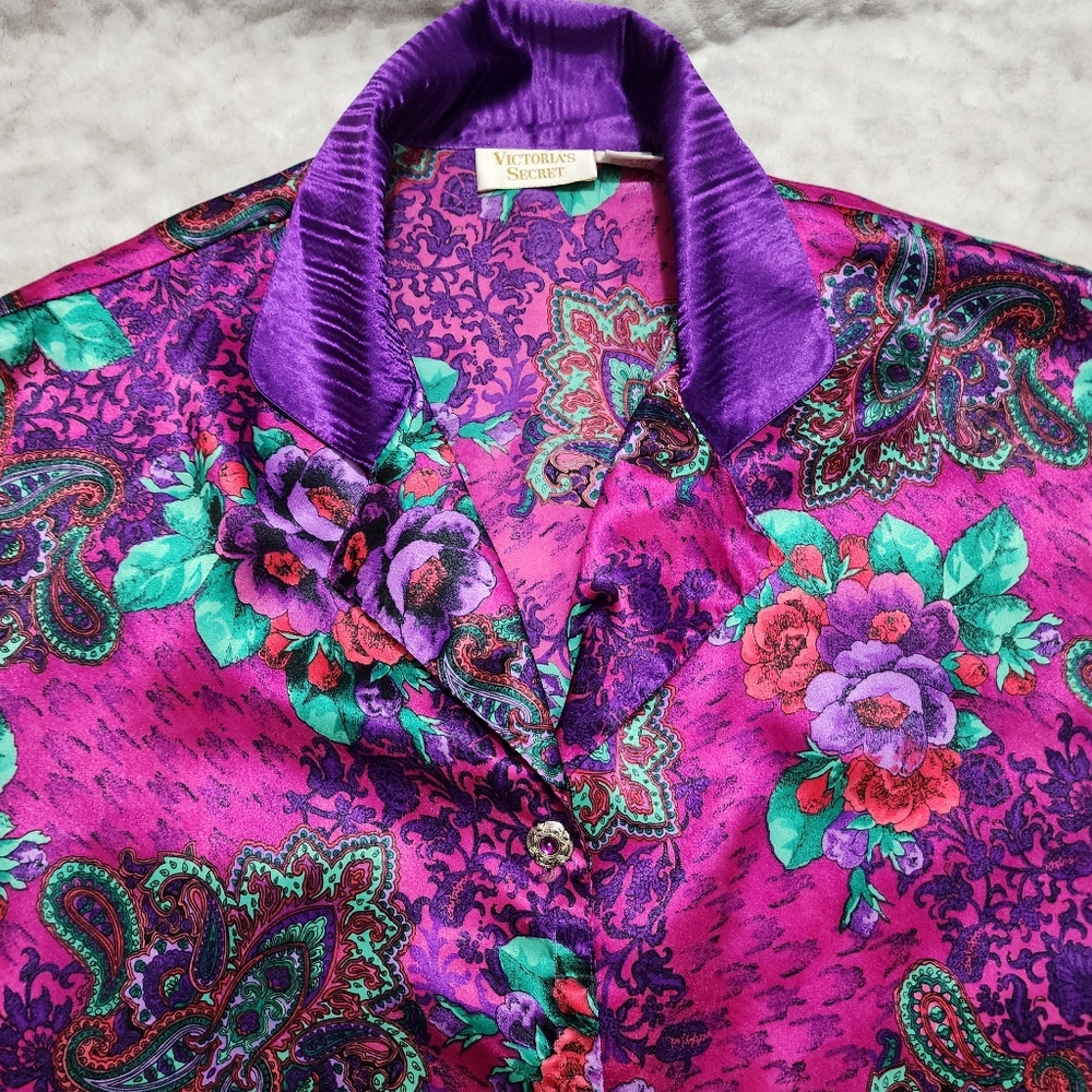 Victoria's Secret Vintage Gold Label Satin Floral paisley Sleep Shirt Size S - Picture 5 of 14